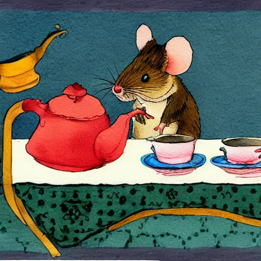Image similar to russian mouse drinks tea from samovar with her little children, children book illustration, 9 k, watercolor