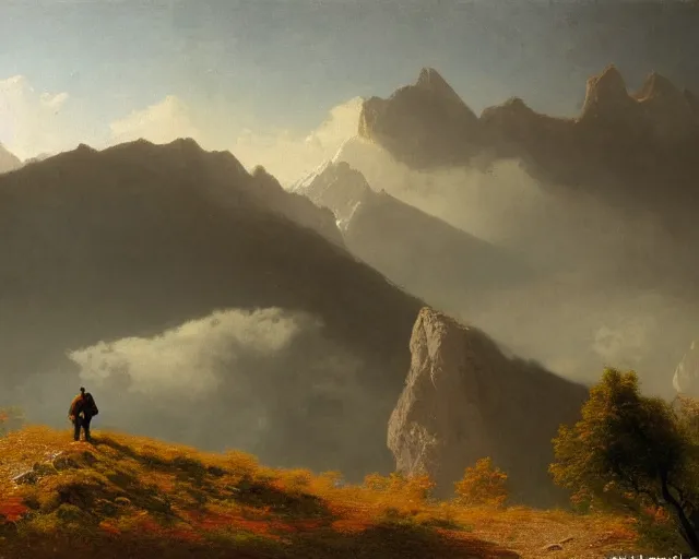 Image similar to a traveler wandering trough the mountains looking at the clouds, very detailed, focused, oil painting, cinematic lighting, albert bierstadt, trending on artstation, colorful, canvas, sunset, hans dahl, theodor kittelsen, hermann hendrich, national geographic, Konstantin Yakovlevich Kryzhitsky, beautiful nature, breathtakingn nordic