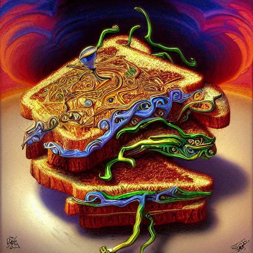 Image similar to low angle shot of a sandwich by clive barker, psychedelic, mind-bending, intricate, elegant, highly detailed, centered, digital painting, artstation, concept art, smooth, sharp focus, illustration, artgerm, Tomasz Alen Kopera, Peter Mohrbacher donato giancola, Joseph Christian Leyendecker, WLOP, Boris Vallejo.