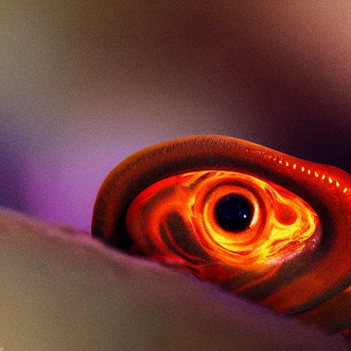 Image similar to fiery whimsical emotional eyes cephalopod, in a photorealistic macro photograph with shallow dof, in the deepest seas of the unconscious psyche