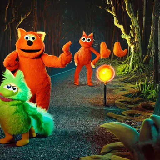 Prompt: a large fox colored furby muppet holding a lit torch and herding a bunch of random muppet animals following behind through a dark felt forest at night, sesame street, photograph, photography, ultrarealistic, national geographic