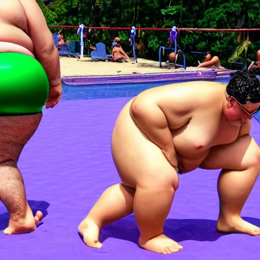 Image similar to a photo of an extremely tiny green fat man in a swimsuit is fighting a purple fat man in a thong.