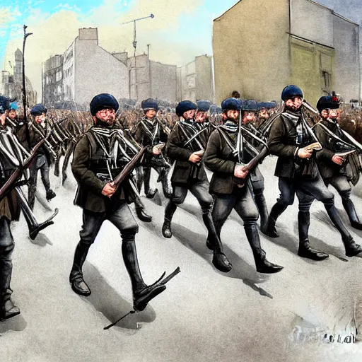 Image similar to irish rebel soldiers in 1 9 1 6 marching down a street in dublin with their rifles, highly detailed, digital painting, concept art, sharp focus, by makoto shinkai