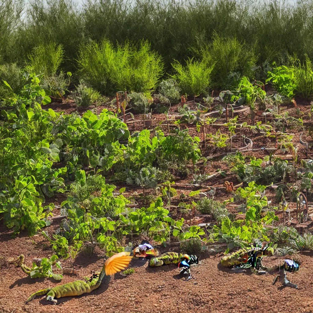 Prompt: permaculture food forest, closed ecosystem, in the middle of the desert, with a miniature indoor lake, iguanas in the background, XF IQ4, 150MP, 50mm, F1.4, ISO 200, 1/160s, natural light at sunset with outdoor led strip lighting