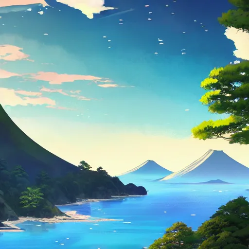 Image similar to A beautiful painting of japan coast with mountains ,Anime ,nature ,illustration, Nature wallpaper, Bright and airy, Aerial, Makoto shinkai ,Trending on artstation