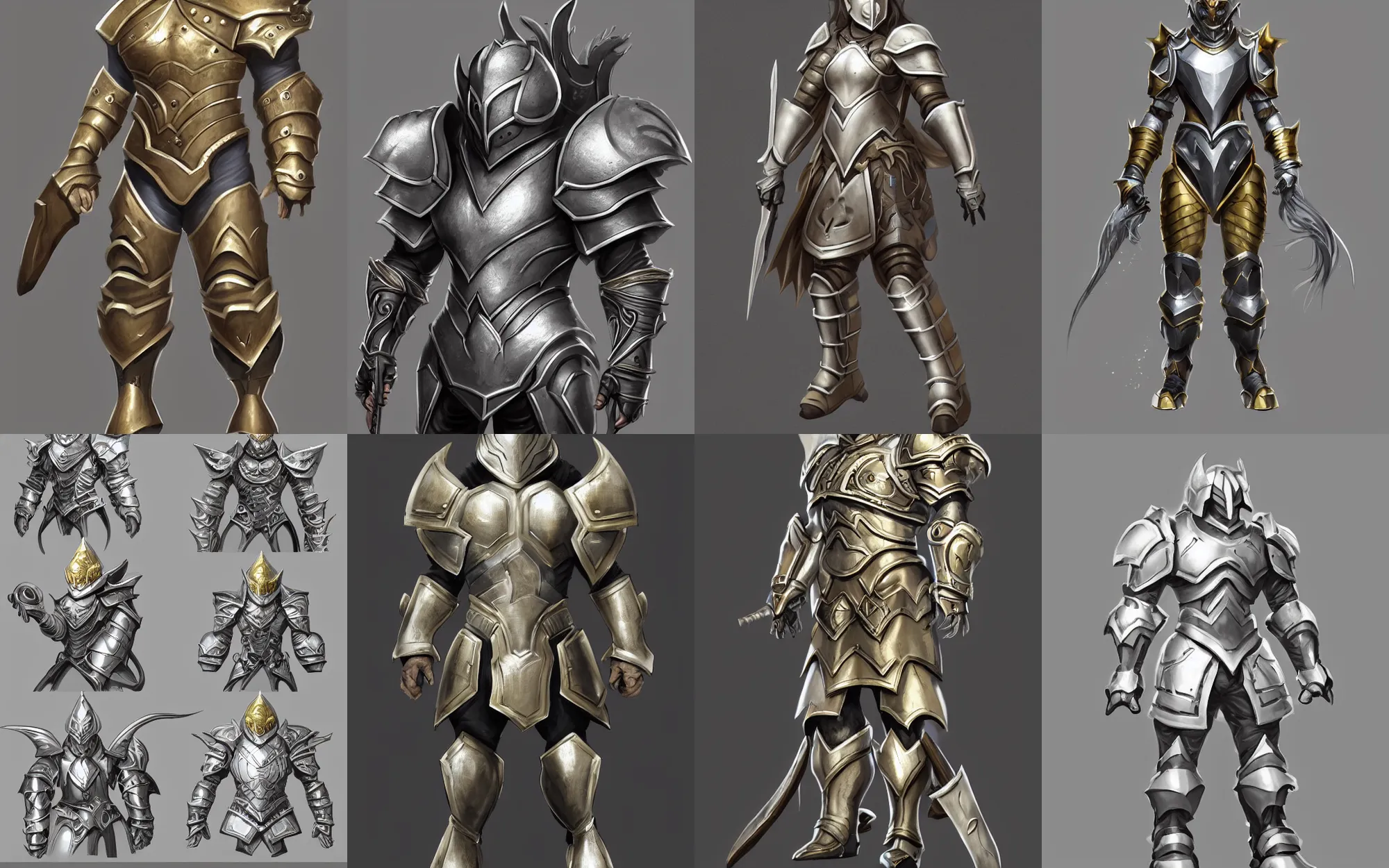 Prompt: heavy magic armor, trending on artstation, silver, gold trim, fantasy character art, smooth shading, extremely clean, uncluttered, high-quality, exaggerated proportions, very professional