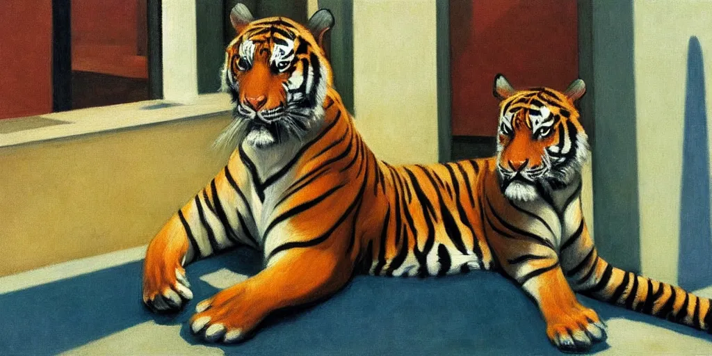 Prompt: a tiger in a suit, oil painting, by edward hopper