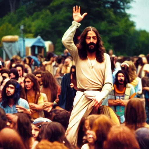 Image similar to jesus as a 7 0 s hippie at woodstock, vintage, 3 5 mm film, nostalgic and euphoric, 4 k, 8 k, photorealistic, film grain