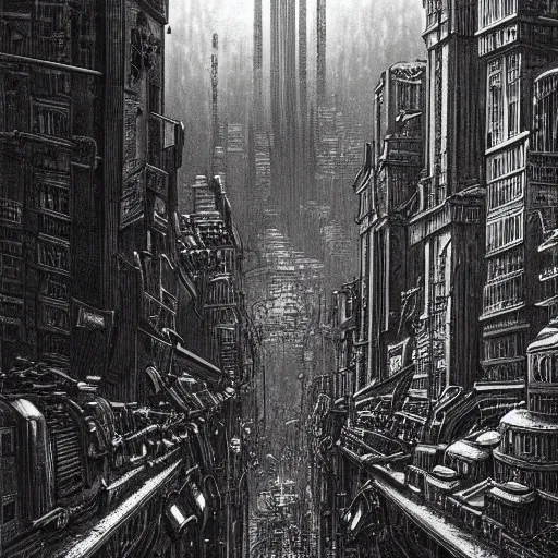 Image similar to dieselpunk city drawn by gustave dore