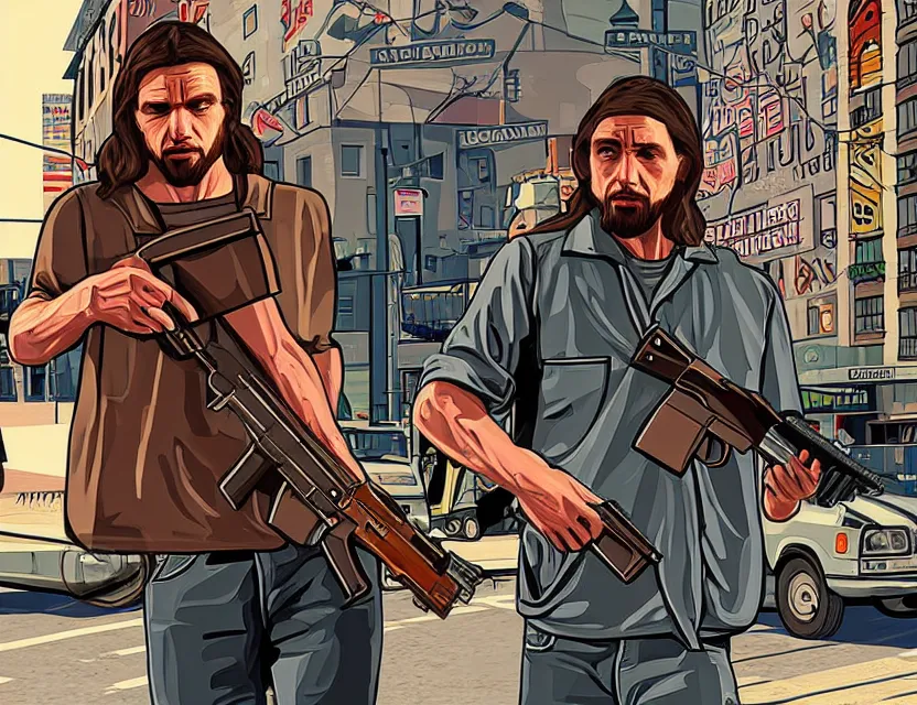 Prompt: illustration of jesus carrying an ak 4 7 in dimes square new york city in the style of gta v artwork, stephen bliss, highly detailed