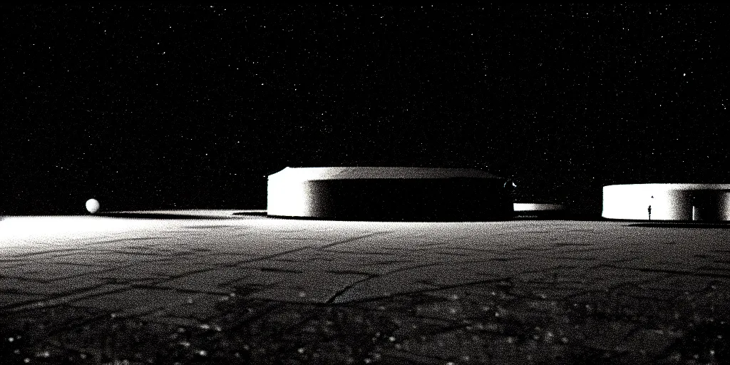 Image similar to low angle shot of a space port at night, set design by Ed Wood, in the style of Jim Jarmusch, shot on film, grainy, hyperrealistic