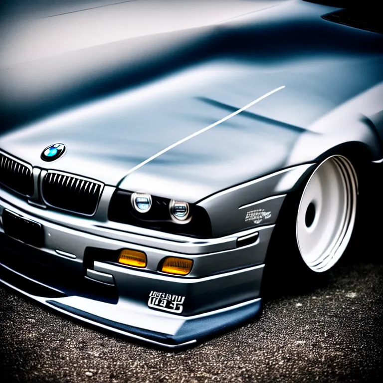 Prompt: close-up-photo BMW E36 illegal meet, cambered wheels, Saitama prefecture, misty midnight, cinematic color, photorealistic, high detailed deep dish wheels, highly detailed, custom headlights, subtle neon underlighting