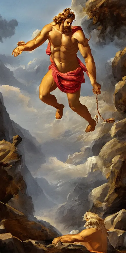 Image similar to a digital painting of Zeus descending from mount Olympus