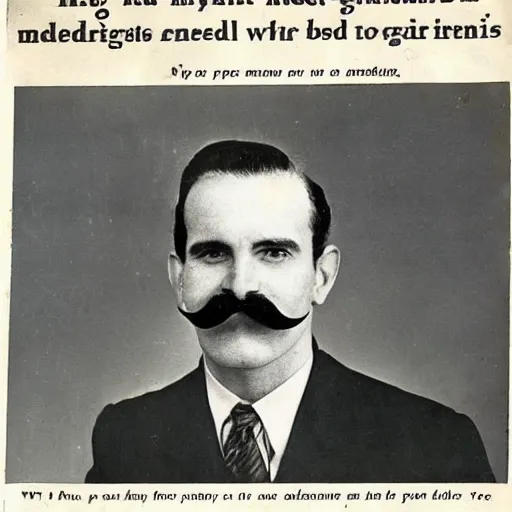Prompt: newspaper photo from 40s of a slim medical doctor with a big mustache and sidecut topet