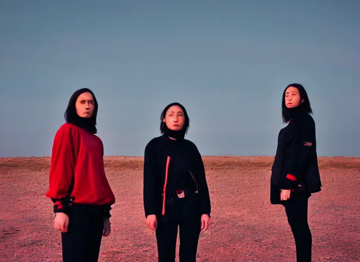 Image similar to cinestill 5 0 d closeup photographic portrait of two clones in front of a brutalist metal building, techwear women, on a desolate plain, red sky, black oversized clothes, depth of field, 4 k, 8 k, hd, full color