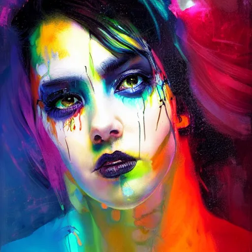 Prompt: cyberpunk goddess wearing a hoodie, black hair, side portrait, striking, defiant, spotlight, vibrant colors, paint splash, beautiful eyes, by marco paludet and gianni strino and marion bolognesi