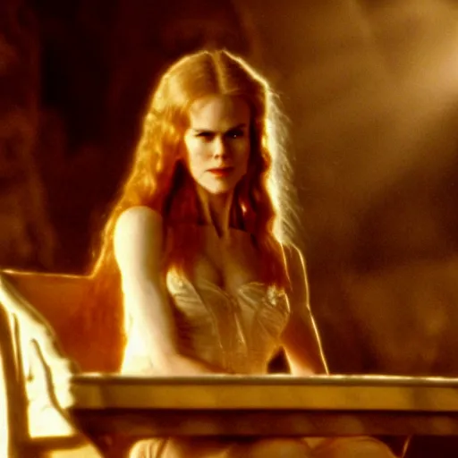 Prompt: cinematic scene with a young nicole kidman on a majestic throne as the goddess of war, dramatic, small details, volumetric lighting, still frame