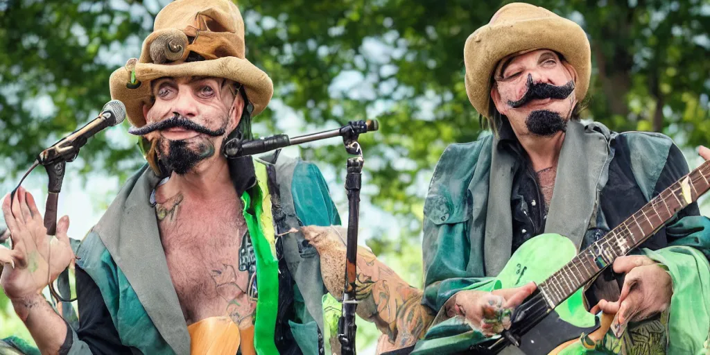 Prompt: a green-haired, funky, rustic, gentle metro dingo man with a Salvador Dali moustache mixes a band in the park