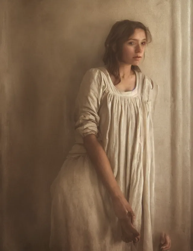 Prompt: portrait of beautiful peasant girl with long hair in a bathroom, minimalistic interior, soviet style, Cinematic focus, Polaroid photo, vintage, neutral colors, soft light, foggy, by Steve Hanks, by Serov Valentin, by lisa yuskavage, by Andrei Tarkovsky 8k render, detailed, oil on canvas