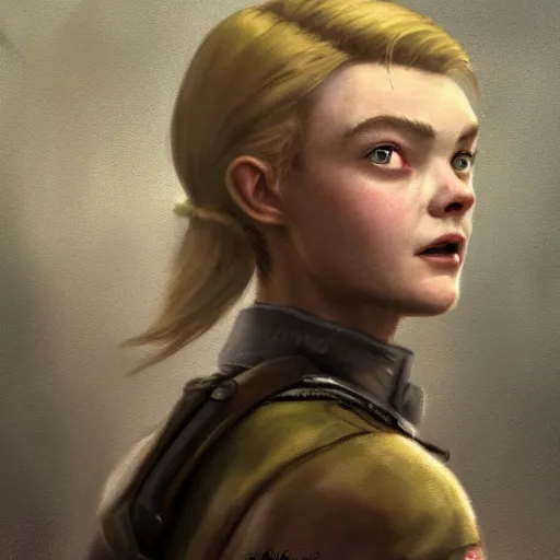 Image similar to professional painting of Elle Fanning in Fallout 3 in the style of Craig Mullins, head and shoulders portrait, symmetrical facial features, smooth, sharp focus, illustration, intricate, stormy weather, extremely detailed masterpiece,