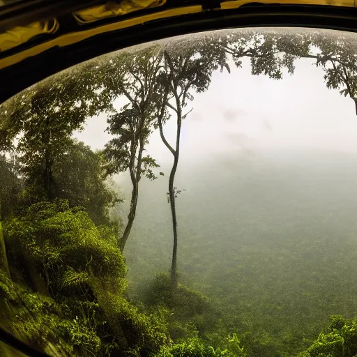 Prompt: a cinematic photo from the inside of a glass dome containing an armchair, outside there is a jungle with a monsoon raging