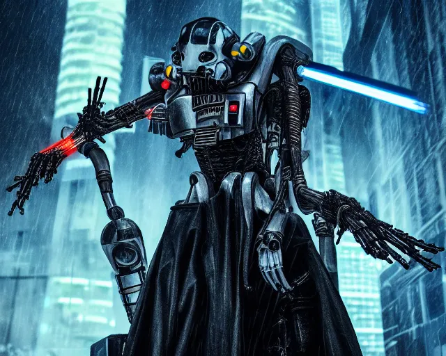 Image similar to photo of general grievous with 4 arms holding 4 activated lightsabers in the rain. cyberpunk horror style. highly detailed 8 k. intricate. nikon d 8 5 0 5 5 mm. award winning photography.