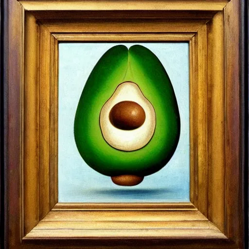 Prompt: A portrait of a humanoid grumpy old avocado that has big eyes, oil painting by Salvador Dali