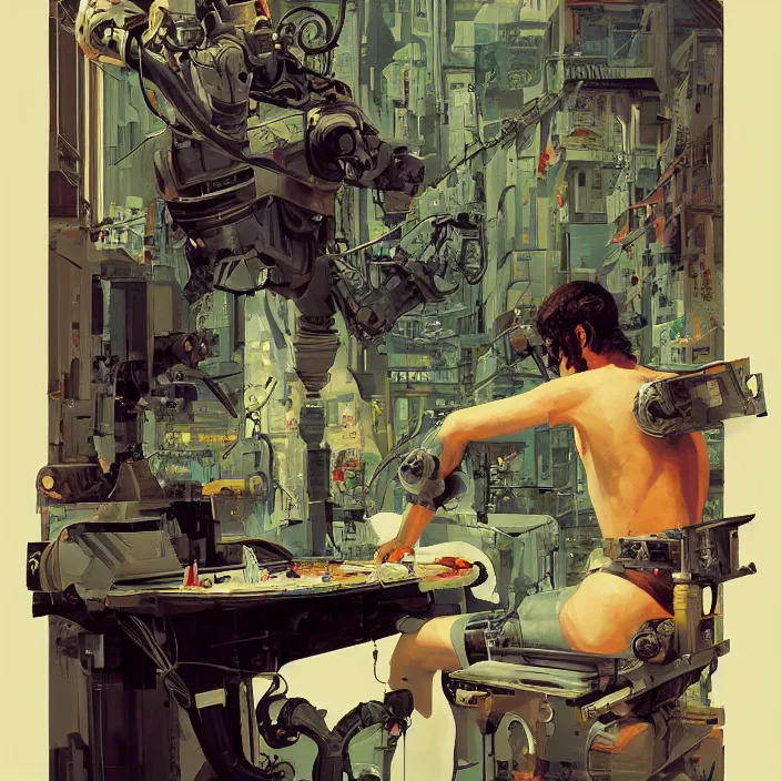 Image similar to robot artist painting a self - portrait on a canvas. intricate, highly detailed, digital matte painting, in the style of alexandros pyromallis, and in the style of sachin teng, and in the style of hans thoma, and in the style of robert mcginnis. irony, recursion, inspiration.