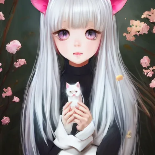 Image similar to realistic beautiful gorgeous natural cute Blackpink Lalisa Manoban white hair cute white cat ears in maid dress outfit golden eyes artwork drawn full HD 4K highest quality in artstyle by professional artists WLOP, Taejune Kim, Guweiz, ArtGerm on Artstation Pixiv