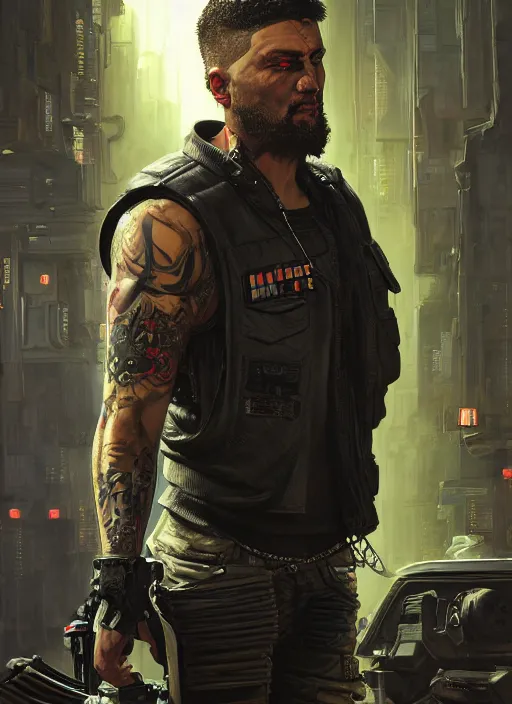 Image similar to big mike. cyberpunk mercenary with tattoos wearing a military vest and combat gear. (Cyberpunk 2077, bladerunner 2049). Iranian orientalist portrait by john william waterhouse and Edwin Longsden Long and Theodore Ralli and Nasreddine Dinet, oil on canvas. Cinematic, hyper realism, realistic proportions, dramatic lighting, high detail 4k