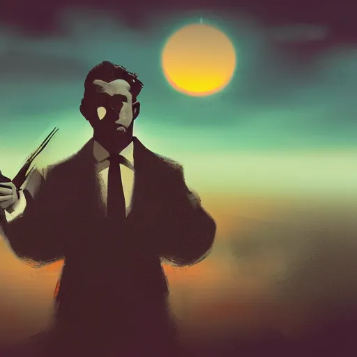 Image similar to mob boss. sunset background, concept art, 4k