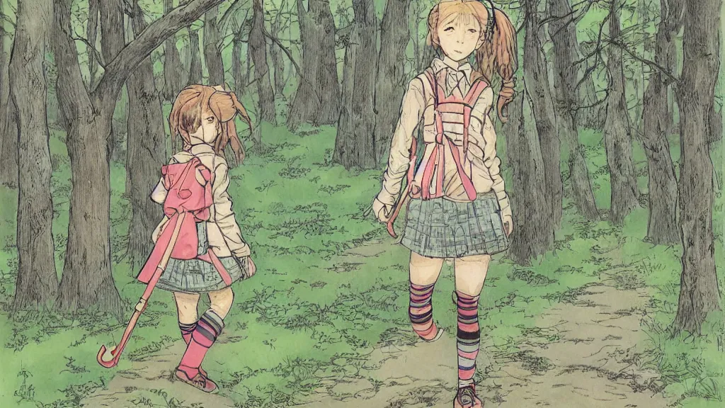 Image similar to cute schoolgirl walk in the forest, in style of katsuya terada,