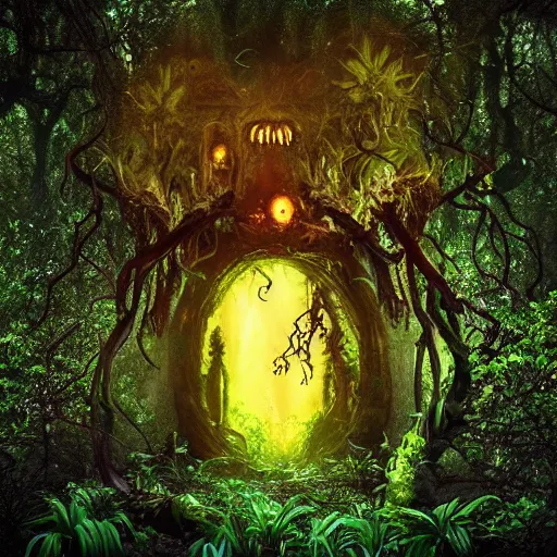 Prompt: horrific portal to hades embedded in a creepy tree in a densely overgrown, magical jungle, fantasy, dreamlike sunraise, ultra realistic, atmospheric, stopped in time, epic