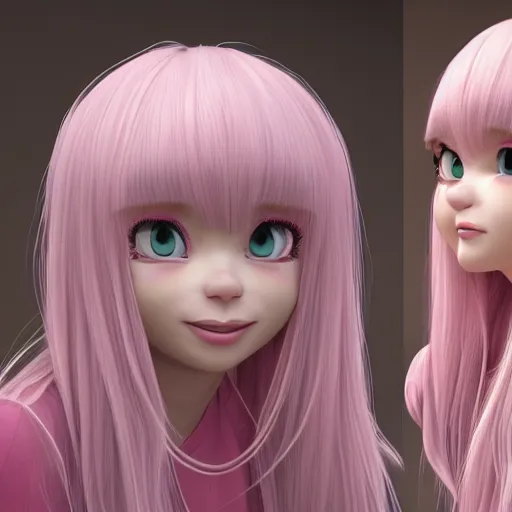 Image similar to A portrait of Nikki from Shining Nikki and Love, a cute 3d cgi toon young woman with long light pink hair, full bangs, hazel eyes, full face, light makeup, pale skin, Chinese heritage, cute outfit, medium shot, mid-shot, hyperdetailed, 8k, trending on artstation, as a Pixar character