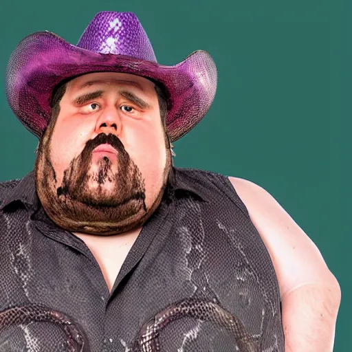 Image similar to hyperreal morbidly obese 2000kilo snake oil salesman wearing authentic purple green sip tech cowboy augmentation and curly snake moustache, fat man standing in front of blank background