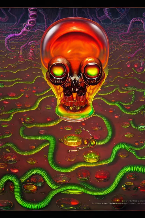 Image similar to a detailed photorealistic image of a transparent jelly isometric nightmare zombie horror machine electronic chemistry by johfra bosschart, lisa frank, dark fantasy art, high detail, trending on artstation