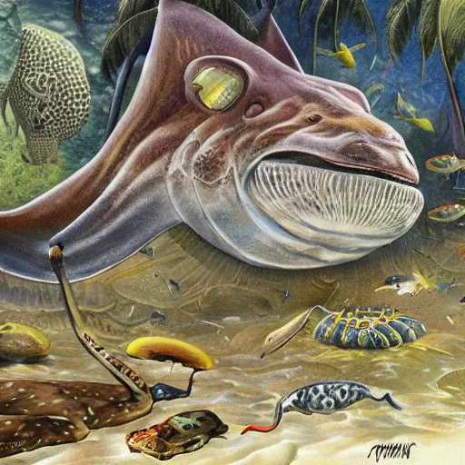 Image similar to steve irwin pays tribute to the stingray king, fantasy art, high detail,