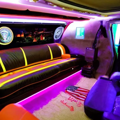 Image similar to barack obama on pimp my ride sitting in his newly upgraded presidential limo complete with a playstation 2, and a minibar. there are also neon lights in the interior.