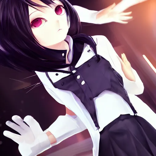 Image similar to luxury advertisement, astonishing portrait of a very beautiful anime schoolgirl with black bob hair in style of cytus and deemo, full perfect face, she is dancing, set in Half-life. Realistic, highly detailed background, artstation, 120 degree view, drawn by Sasoura, Satchely and Akihiko Yoshida, no distortion