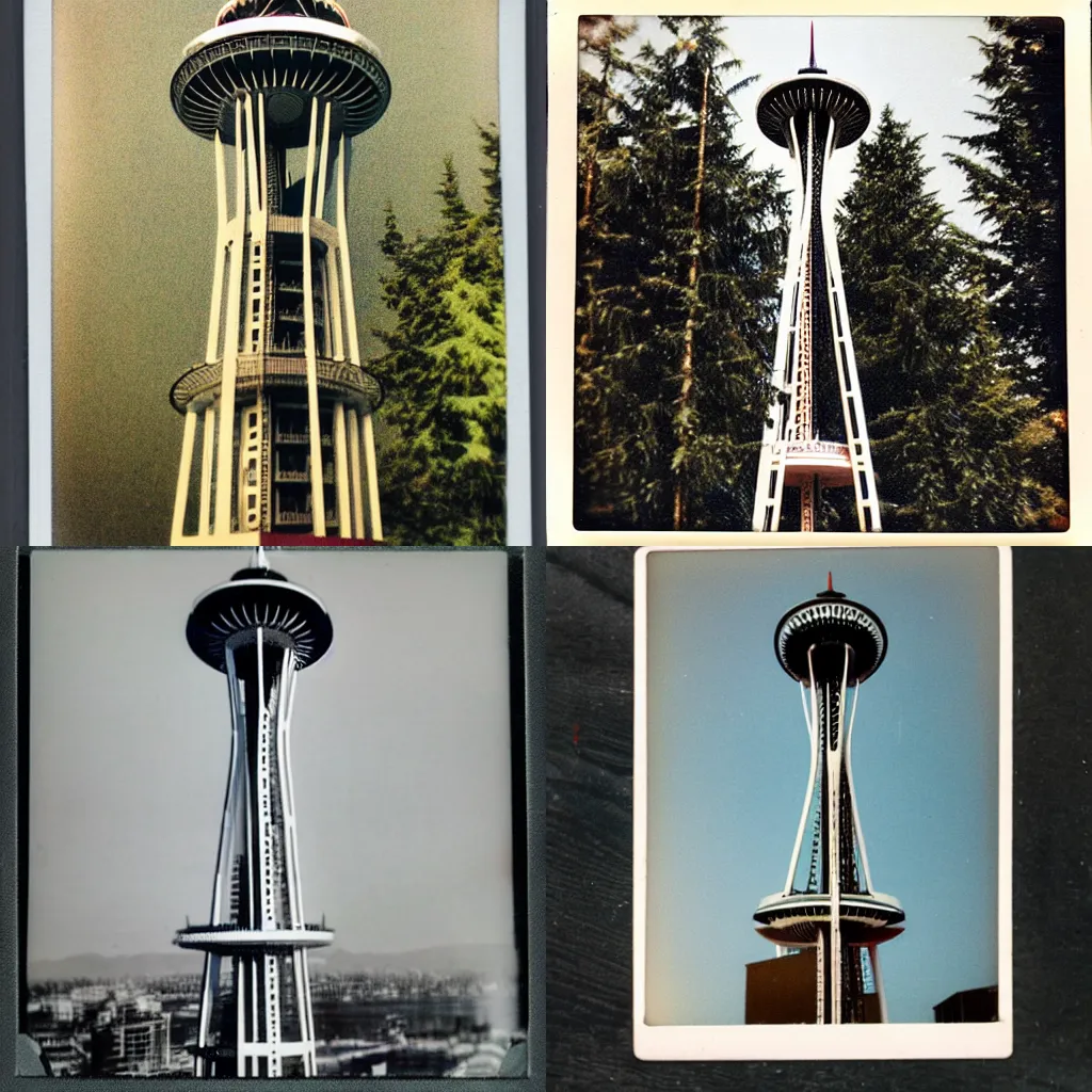 Prompt: retro polaroid of the Seattle Space needle constructed out of wood