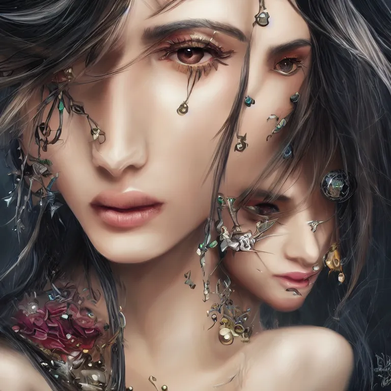 Image similar to oriental fantasy fashion girl portrait, flirtatious eyes, cyberpunk, glossy eyes and face, long hair, fantasy, intricate, androgynous, highly detailed, digital painting, artstation, concept art, smooth, sharp focus, illustration