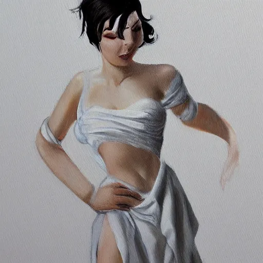 Prompt: Greek goddess posing for painter, sun light, trending on artstation, black hair, white coat