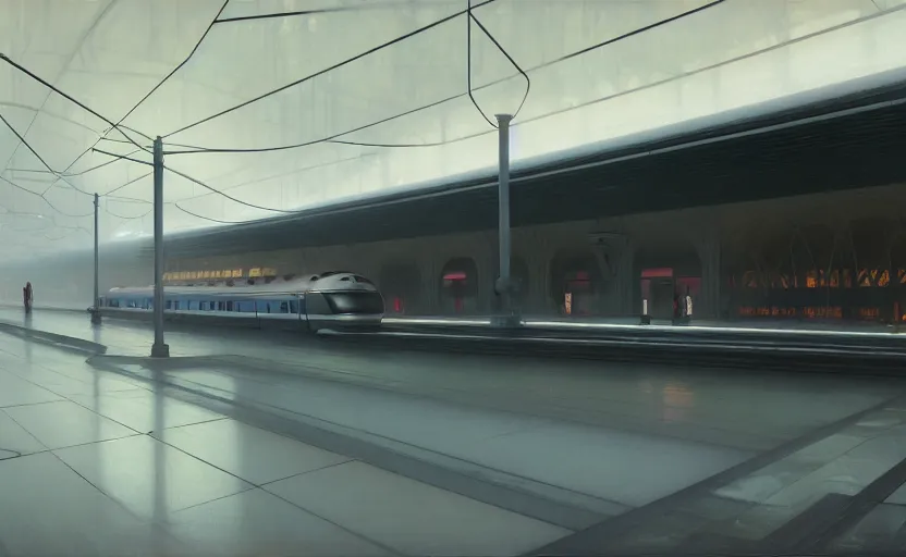 Prompt: painting of a wide angle exterior shot of a white modern futuristic utopian train station with cinematic lighting by peter zumthor and renzo piano, darek zabrocki and greg ruthkowski, alphonse mucha, simon stalenhag and cinematic and blue cold atmospheric, holy place, atmospheric, archillect concept art, artstation, trending on artstation