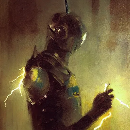 Image similar to knight holds lightning in his hand sparks everywhere, realistic, ultrahd, jeremy mann painting