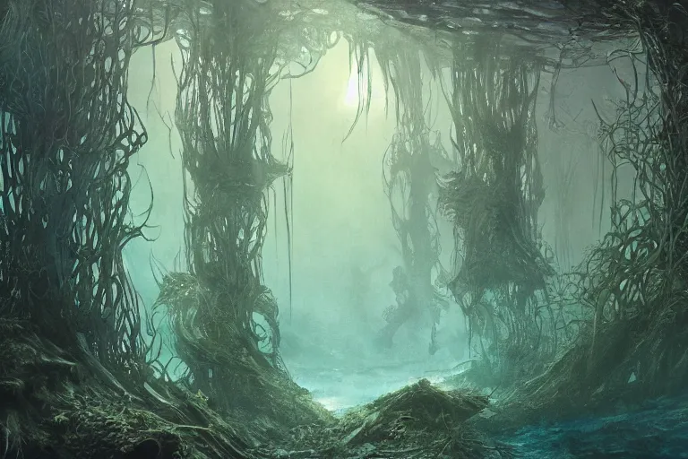 Image similar to Fantastical underwater forest by H R Giger, Moebius and Eywind Earle, trending on artstation