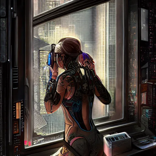 Image similar to portrait of cyberpunk woman looking out of a window, cyberpunk setting, futuristic, highly detailed, intricate lighting, digital painting, sharp focus, illustration, trending on artstation, by rob rey