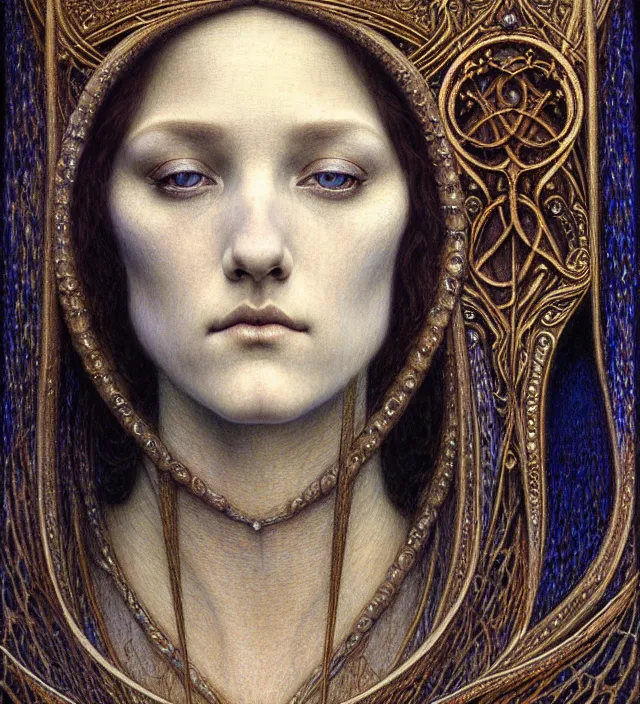 Image similar to detailed realistic beautiful young medieval queen face portrait by jean delville, gustave dore and marco mazzoni, art nouveau, symbolist, visionary, gothic, pre - raphaelite. horizontal symmetry