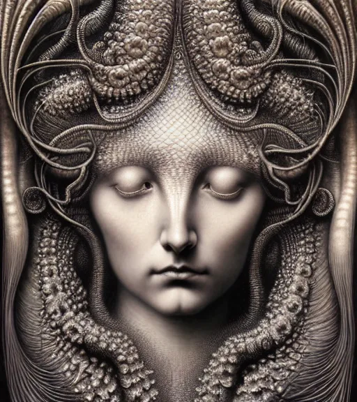 Image similar to detailed realistic beautiful platinum goddess face portrait by jean delville, gustave dore, iris van herpen and marco mazzoni, art forms of nature by ernst haeckel, art nouveau, symbolist, visionary, gothic, neo - gothic, pre - raphaelite, fractal lace, intricate alien botanicals, biodiversity, surreality, hyperdetailed ultrasharp octane render