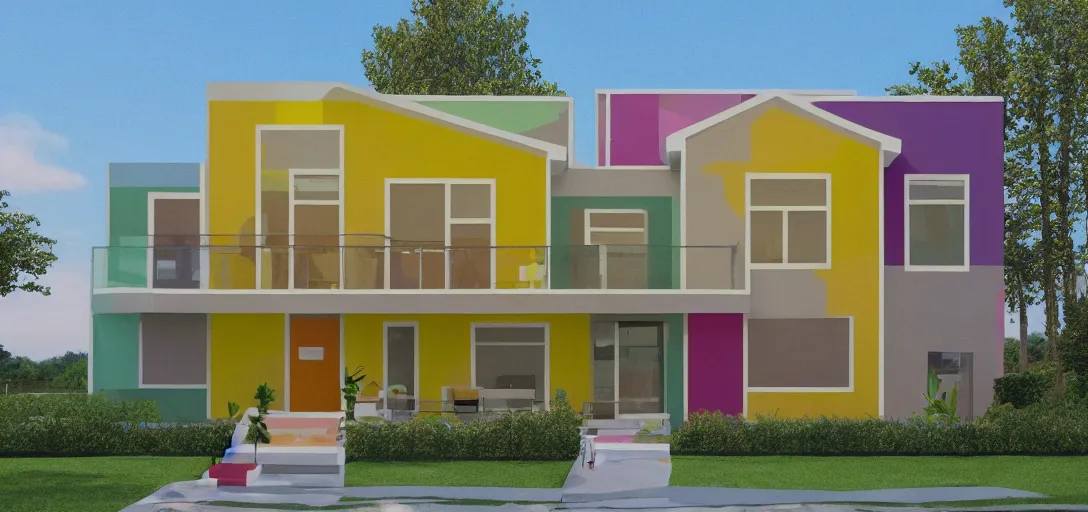 Image similar to modern house. multicolored. wes anderson. forest. 8 k.