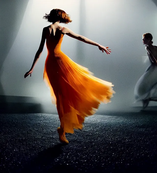 Image similar to la la land unseen film scene of gaz station by night starring seductive actress doing steps dancing and dressed by an organic looking dress from designer * iris van herpen *, with stylish colorfull makeup. intriguing soft back lighting, highly detailed, skin grain detail, photography by paolo roversi, nick knight